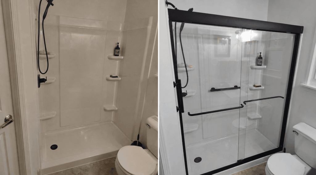 Before and after sliding glass shower door installation completed by HandySmart in Mooresville, Indiana.