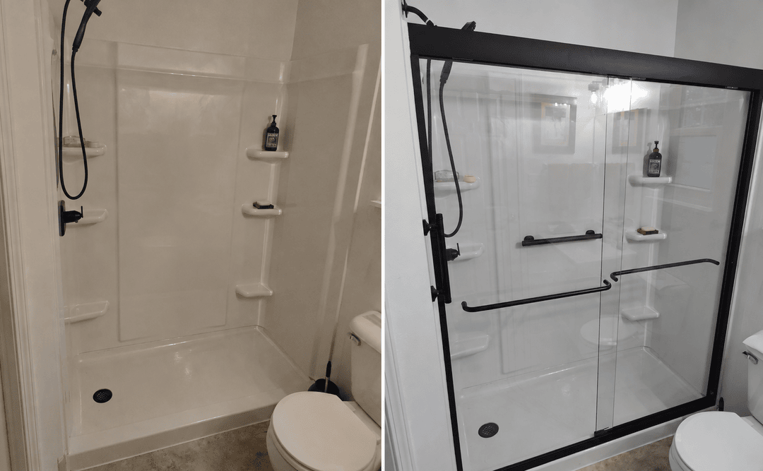 Before and after sliding glass shower door installation completed by HandySmart in Mooresville, Indiana.